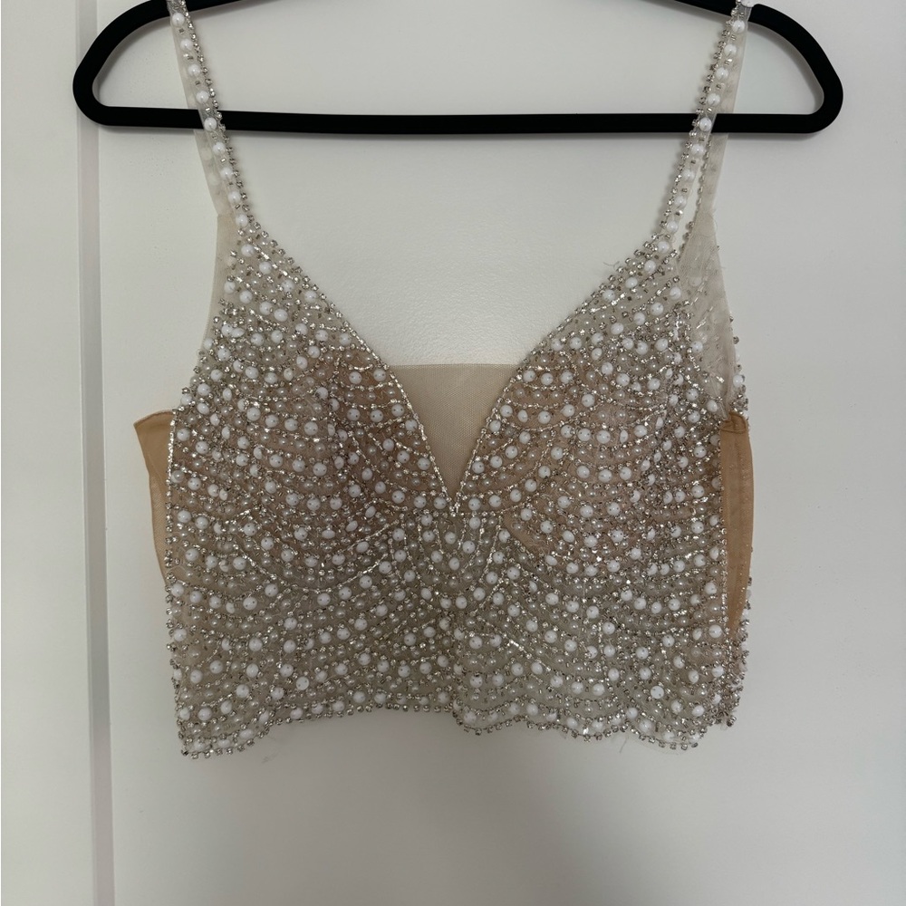 Rhinestone, bead and mesh bridal top